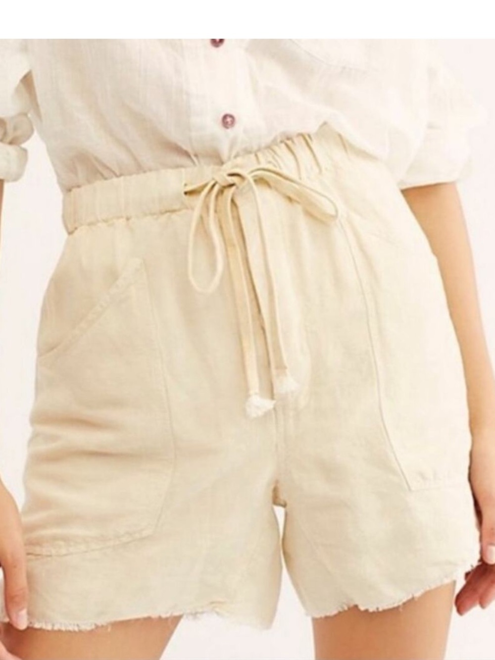 Free People Tomboy Cream High-Waist Drawstring Linen Shorts